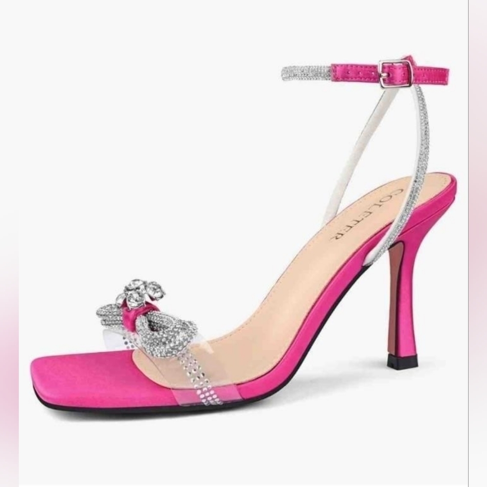 Pink Rhinestone Bow Heels Clear Strap Stiletto Sandals Square Toe, Size 7.5